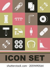 Set Skate park, Broken skateboard deck, Skateboard wheel, Knee pads, stairs with rail, Longboard or,  and Tool allen keys icon. Vector