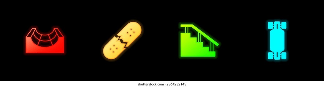 Set Skate park, Broken skateboard deck, Skateboard stairs with rail and Longboard or icon. Vector