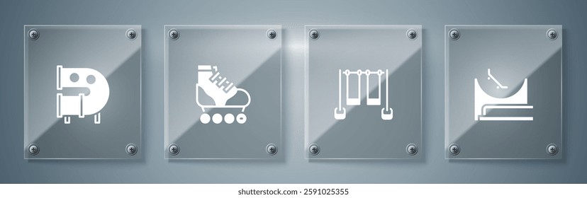 Set Skate park, Double swing, Roller skate and Kid playground slide pipe. Square glass panels. Vector