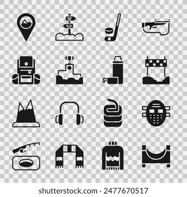 Set Skate park, Hockey mask, Ribbon in finishing line, Ice hockey stick and puck, Award winner podium, Hiking backpack, Location with mountain and Thermos container icon. Vector