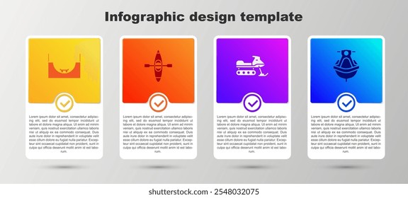 Set Skate park, Kayak o canoa, moto de nieve y moto de agua. Plantilla de infografía de negocios. Vector