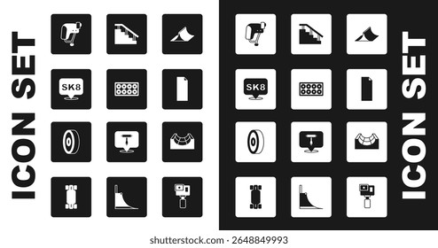 Set Skate park, Skateboard wheel, helmet, Grip tape on skateboard, stairs with rail,  and ball bearing icon. Vector