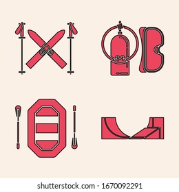 Set Skate park, Ski and sticks, Diving mask and aqualung and Rafting boat icon. Vector