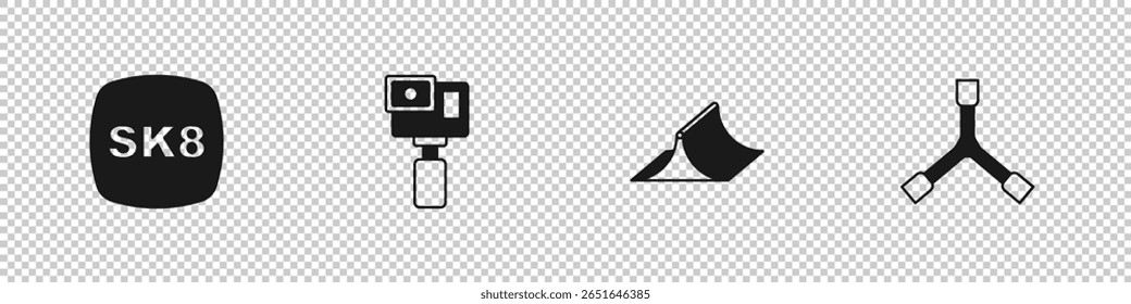 Set Skateboard, Action camera, park and Y-tool icon. Vector