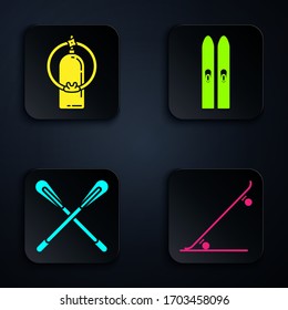 Set Skateboard, Aqualung, Crossed paddle and Ski and sticks. Black square button. Vector