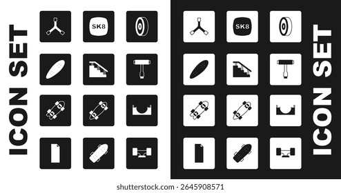 Set Skateboard ball bearing, stairs with rail, Longboard or skateboard, Y-tool, T, park and  icon. Vector