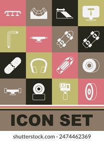 Set Skateboard ball bearing, wheel, park, Tool allen keys, stairs with rail and Longboard or skateboard icon. Vector