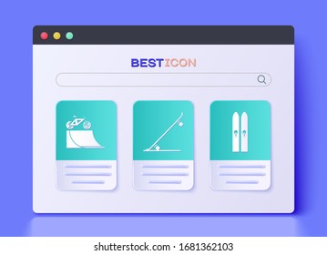 Set Skateboard, Bicycle on street ramp and Ski and sticks icon. Vector
