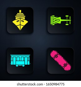 Set Skateboard, Cargo ship, Old city tram and race car. Black square button. Vector