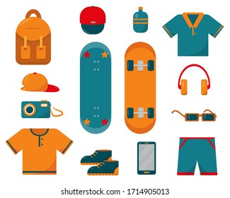 Set of skateboard, clothes and necessary things for sketeboarding. Flat vector icon illustration on white background.