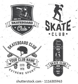 Set of Skateboard club badges. Vector illustration. For skate club emblems, signs and t-shirt design. Vintage typography design with skateboards, skate truck and helmet. Extreme sport.