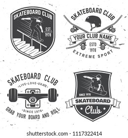 Set of Skateboard club badges. Vector illustration. For skate club emblems, signs and t-shirt design. Vintage typography design with skateboards, skate truck and helmet. Extreme sport.