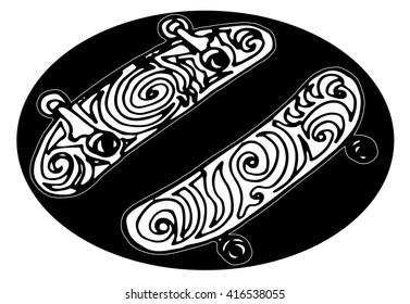 set of skateboard deck, doodle style, sketch illustration, hand drawn