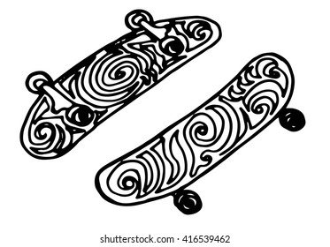 set of skateboard deck, doodle style, sketch illustration, hand drawn