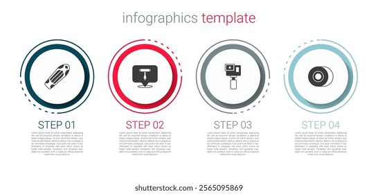 Set Skateboard deck, T tool, Action camera and wheel. Business infographic template. Vector