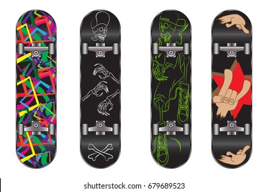 Set of skateboard designs on white background. Vector illustration.