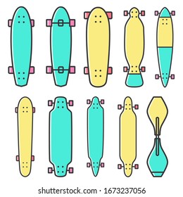 Set of skateboard flat color line icons on white isolated background. Pintale, cruiser, twin tip, longboard, boardwalking, long distance boards in thin linear design.