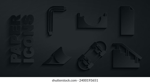 Set Skateboard, Grip tape on skateboard, park, stairs with rail,  and Tool allen keys icon. Vector