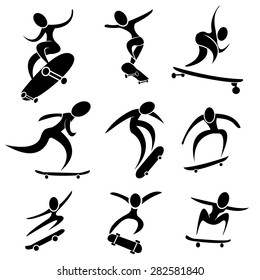 Set of skateboard icon in extreme action, jump on air with many movement.  vector sport signs and symbols