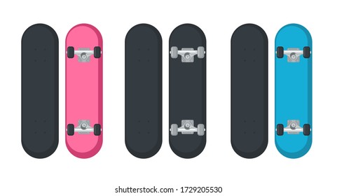 Set of skateboard icons in flat style isolated on white background. Top and back view. Vector illustration.