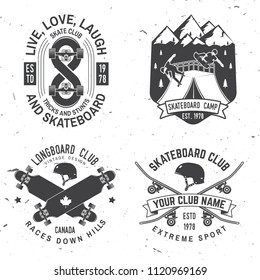 Set of Skateboard and longboard club badges. Vector illustration. For skate club emblems, signs and t-shirt design. Vintage typography design with skateboards, skate truck and helmet. Extreme sport.
