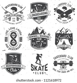 Set of Skateboard and longboard club badges. Vector illustration. For skate club emblems, signs and t-shirt design. Vintage typography design with skateboards, skate truck and helmet. Extreme sport.