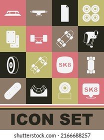 Set Skateboard, Longboard or skateboard, helmet, Grip tape, wheel, Knee pads, stairs with rail and  icon. Vector