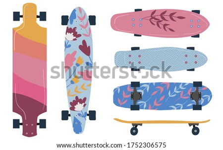 Set of skateboard and longboard icons in flat style isolated on white background. bright boards with flowers. Extreme sport. Vector illustration.