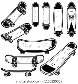 Set of skateboard and longboard illustrations on white background. Design element for logo, label, emblem, sign, badge, t shirt, poster. Vector image