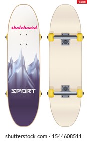 Set of skateboard models with unique print design. Top and bottom view. Urban sport style. Vector Illustration isolated on white background