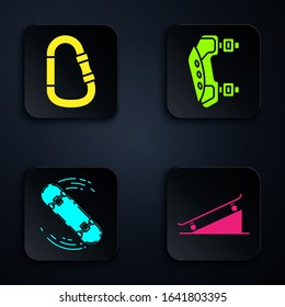 Set Skateboard on street ramp, Carabiner, Skateboard trick and Knee pads. Black square button. Vector