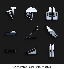 Set Skateboard, on street ramp, Ski and sticks, Surfboard, Jet ski, Life jacket and Pegs for tents icon. Vector
