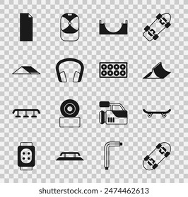 Set Skateboard, park, Headphones, Grip tape skateboard and wheel icon. Vector