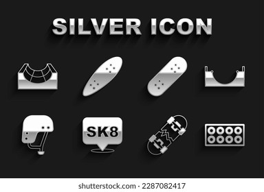 Set Skateboard, park, wheel, Broken skateboard, helmet,  and Longboard or icon. Vector