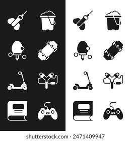 Set Skateboard, Racket, Dart arrow, Sand in bucket, Roller scooter, Slingshot, Gamepad and Book icon. Vector
