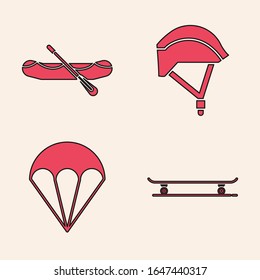 Set Skateboard, Rafting boat, Bicycle helmet and Parachute icon. Vector