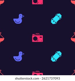 Set Skateboard, Rubber duck, Photo camera and Whirligig toy on seamless pattern. Vector