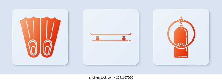 Set Skateboard, Rubber flippers for swimming and Aqualung. White square button. Vector