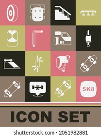 Set Skateboard, Screwdriver, stairs with rail, Tool allen keys, Baseball cap, bearing and Cinema camera icon. Vector