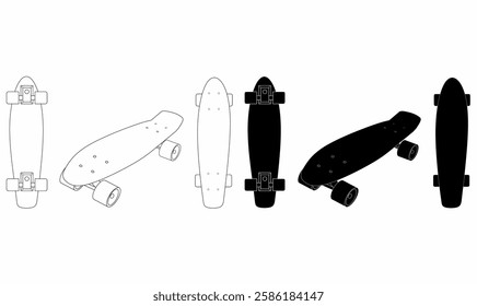 Set of skateboard silhouettes and outlines in different angles. Ideal for design, branding, and digital art. Perfect for sport, urban, and extreme lifestyle themes.