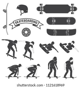 Juego de patinetas y patinadores. Ilustración vectorial. Para emblemas de club de patinaje, letreros y diseño de pantalones en T. Silueta de material de patinaje aislada en el fondo blanco.