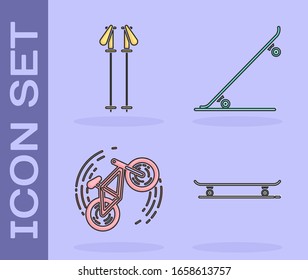 Set Skateboard, Ski poles, Bicycle trick and Skateboard icon. Vector