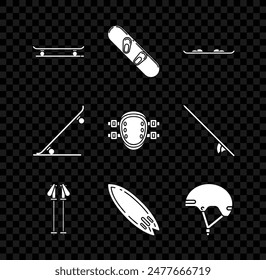 Set Skateboard, Snowboard, bastones de esquí, tabla de surf, casco y rodilleras icono. Vector