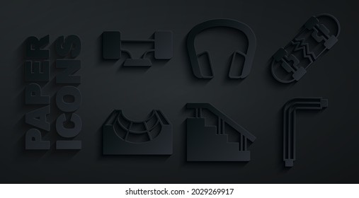 Set Skateboard stairs with rail, Broken skateboard, park, Tool allen keys, Headphones and wheel icon. Vector