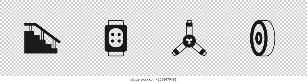 Set Skateboard stairs with rail, Knee pads, Y-tool and ball bearing icon. Vector