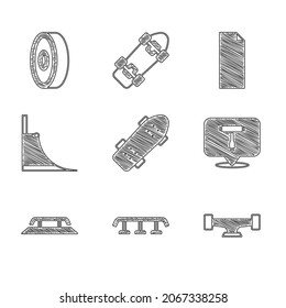 Set Skateboard, stairs with rail, wheel, T tool, park, Grip tape on skateboard and ball bearing icon. Vector