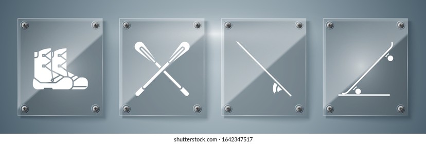 Set Skateboard, Surfboard, Crossed paddle and Boots. Square glass panels. Vector