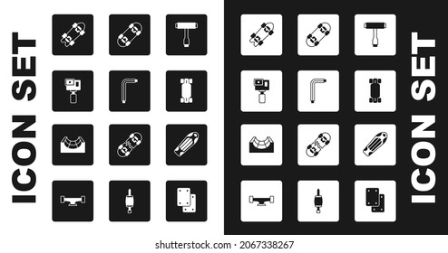 Set Skateboard T tool, Tool allen keys, Action camera, Longboard or skateboard, deck and park icon. Vector