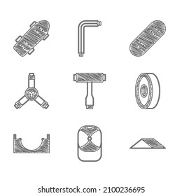 Legen Sie Skateboard T-Tool, Baseballkappe, Park, Lager, Y-Tool und Symbol. Vektorgrafik