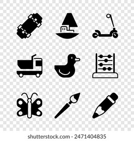 Set Skateboard, Toy boat, Roller scooter, Butterfly, Paint brush, Pencil with eraser, truck and Rubber duck icon. Vector